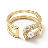 Cubic Zirconia Initial Letter U Open Cuff Ring with Imitation Pearl RJEW-H101-33G-2