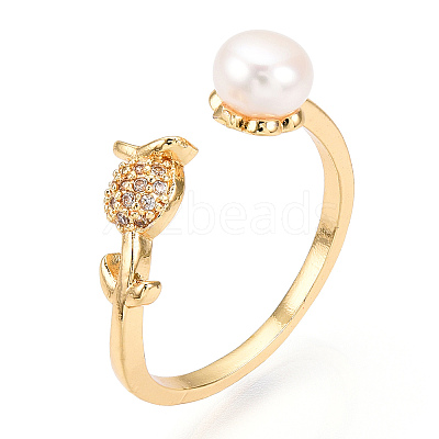 Natural Pearl Open Cuff Ring Micro Pave Clear Cubic Zirconia PEAR-N022-C07-1