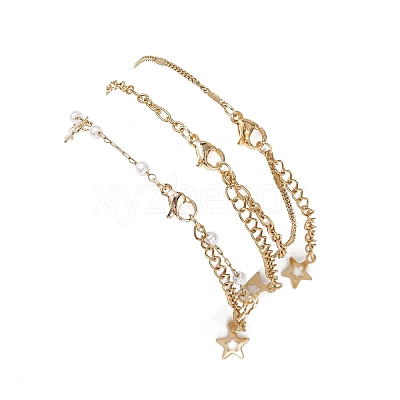 Round ABS Imitation Pearl Beaded Chains & 304 Stainless Steel Cable Chains Stackable Bracelets for Women BJEW-JB12452-02-1