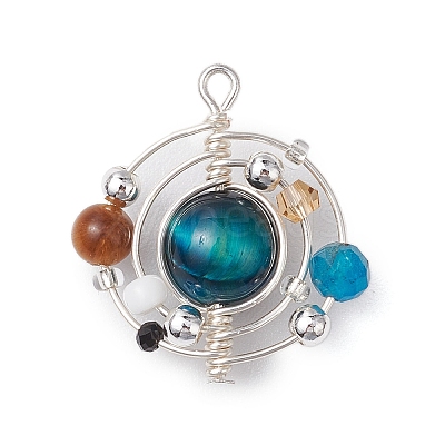 4Pcs 4 Colors Natural Tiger Eye(Dyed/Undyed) Copper Wire Wrapped Planet Pendants PALLOY-TA00180-1