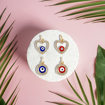 8Pcs 4 Styles Evil Eye Brass Micro Pave Clear Cubic Zirconia Charms KK-DC0002-64-1
