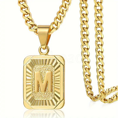 Rectangle with Letter Pattern 304 Stainless Steel Pendant Necklaces FS-WGFC766-48-1