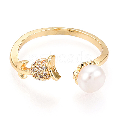 Natural Pearl Open Cuff Ring Micro Pave Clear Cubic Zirconia PEAR-N022-C07-1