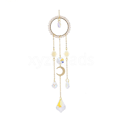 Natural Rose Quartz Woven Net/Web with Feather Window Hanging Suncatchers HJEW-JM00852-01-1