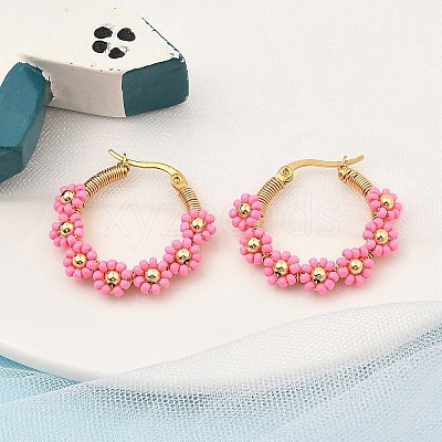304 Stainless Steel & Bohemian Beaded Flower Hoop Earrings for Women EJEW-R001-02G-03-1