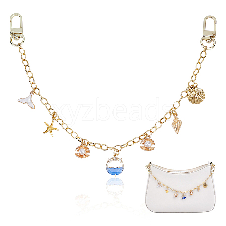 Ocean Theme Alloy Blue Enamel Starfish Shell Shape Charm Brass Decorative Chains HJEW-ME00054-1