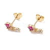 Deep Pink Cubic Zirconia Flat Round Dangle Stud Earrings EJEW-C029-03G-1