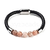 Natural Sunstone Round Bead Braided Leather Cord Bracelets for Men Women BJEW-A009-11P-04-1