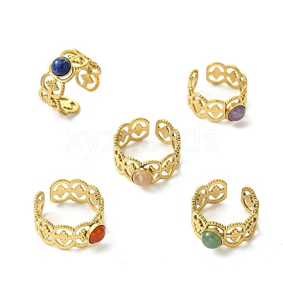 Natural Gemstone Flower 304 Stainless Steel Cuff Open Rings for Women RJEW-JR01067-1