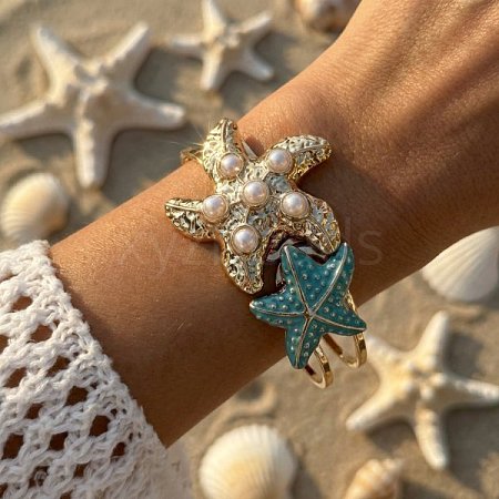 Ocean Alloy Enamel Starfish Hinged Cuff Bangles for Women WG74D0D-02-1