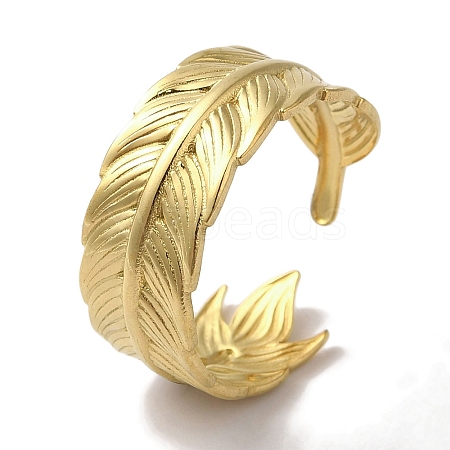 PVD Vacuum Plating 201 Stainless Steel Feather Open Cuff Rings for Women RJEW-C092-26G-1