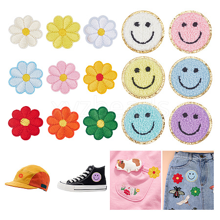 ARRICRAFT Flat Round with Smiling Face & Daisy Flower Computerized Towel Embroidery Cloth Iron on/Sew on Patches DIY-AR0003-29-1