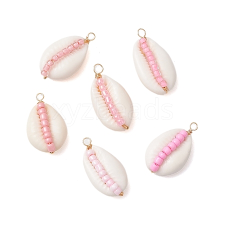 6Pcs 6 Styles Natural Cowrie Shell & Glass Seed Beads Pendants PALLOY-JF02759-02-1