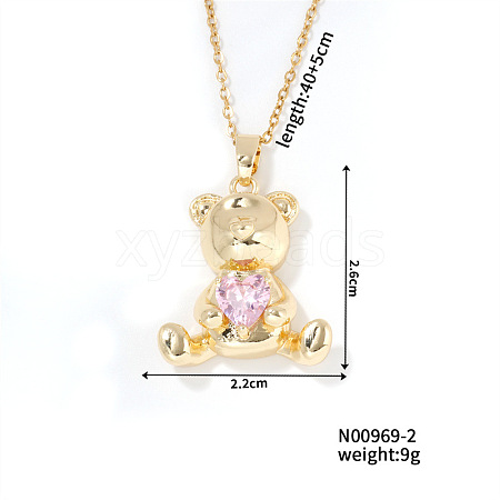 Cute Bear Heart Brass Light Rose Rhinestone Pendant Necklaces for Women BF5088-2-1