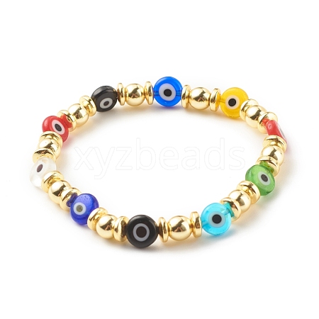 Flat Round with Evil Eye Lampwork Stretch Bracelet with Synthetic Hematite BJEW-JB07869-1