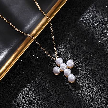 304 Stainless Steel & Plastic Imitation Pearl Cross Pendant Necklaces for Women NJEW-U032-15G-1