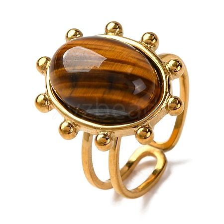 Oval Natural Tiger Eye Finger Rings RJEW-Q822-07G-1