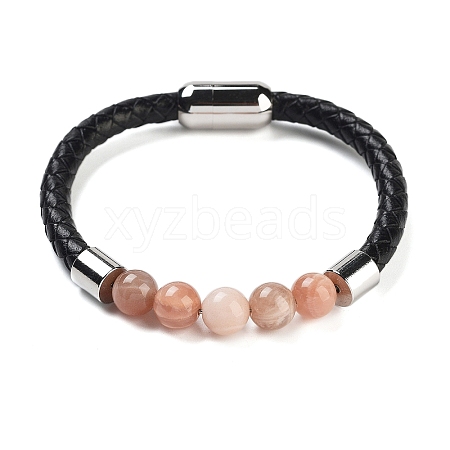 Natural Sunstone Round Bead Braided Leather Cord Bracelets for Men Women BJEW-A009-11P-04-1