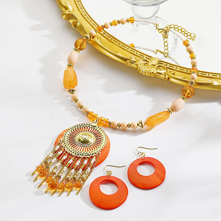 Bohemian Ethnic Style Alloy & Acrylic & Natural Shell Flat Round Tassel Pendant Necklaces & Dangle Earrings Sets FS-WGE5C82-03-1