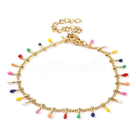 304 Stainless Steel Colorful Enamel Tassel Oval Charm Bracelets for Women BJEW-G711-08G-1