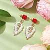 Rose with Leaf Seed Beads Stud Earrings EJEW-MZ00222-02-2