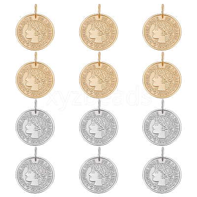 12Pcs 2 Colors 304 Stainless Steel Coin Pendants STAS-UN0064-48-1