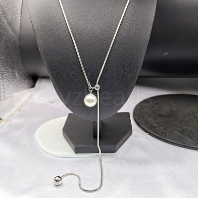 White Round Plastic Pearl Tassel 304 Stainless Steel Round Snake Chain Lariat Necklaces for Women WG7536F-01-1