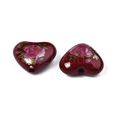 Flower Printed Opaque Acrylic Heart Beads SACR-S305-28-L04-1