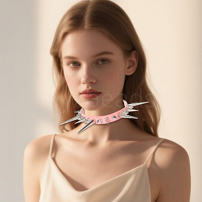 Punk Rock Style Alloy Spiked Cone Rivet Imitation Leather Chocker Necklaces NJEW-WH20011-10P-03-1