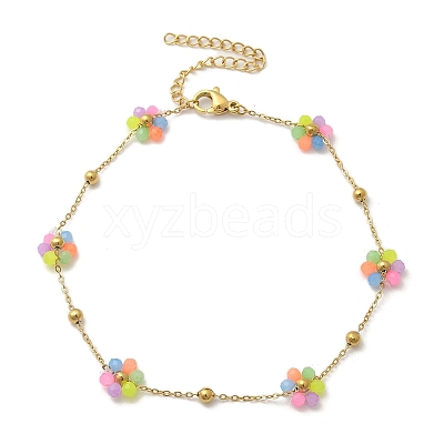 304 Stainless Steel & Synthetic Stone Daisy Flower Chain Anklets for Women AJEW-B031-01G-01-1