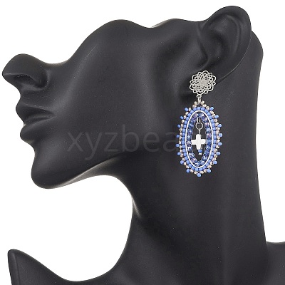 Cross Oval Glass Seed Bead Woven Stud Earrings EJEW-MZ00595-03-1
