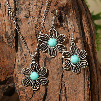 Bohemian Style Zinc Alloy & Synthetic Turquoise Pendant Necklaces & Dangle Earrings Sets WG40DB6-06-1