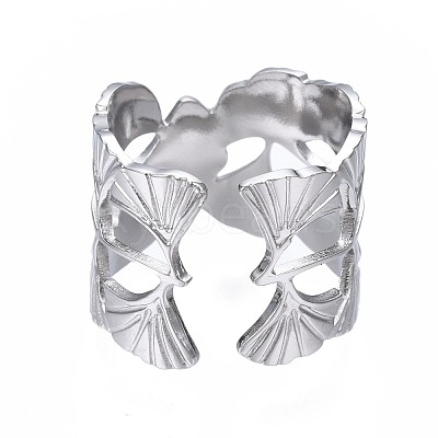 Non-Tarnish 304 Stainless Steel Ginkgo Leaf Wrap Open Cuff Ring RJEW-T023-28P-1