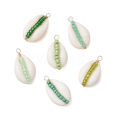 6Pcs 6 Styles Natural Cowrie Shell & Glass Seed Beads Pendants PALLOY-JF02759-04-1