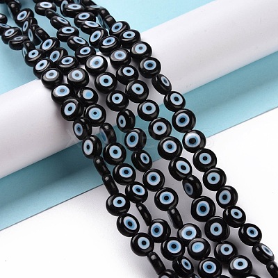Handmade Evil Eye Lampwork Flat Round Bead Strands LAMP-L058-8mm-20-1