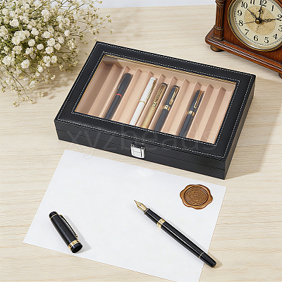 Black PU Leather Pen Organizer Boxes with Clear Glass Visible Window Lid CON-WH0107-129A-1