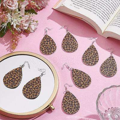 4 Pairs Artificial Leather Teardrop with Leopard Print Dangle Earrings EJEW-UN0002-92B-1