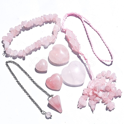 Natural Rose Quartz Dowsing Pendulum Cone Big Pendants & Heart Massage Stone & Bracelet & Pendant Decoration Sets PW-WG73208-01-1