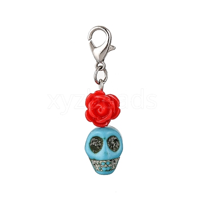 Skull Synthetic Turquoise & Resin Rose Pendant Decorations HJEW-JM03999-1