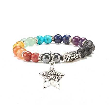 Natural & Synthetic Mixed Gemstone Round Beaded Stretch Bracelet with Alloy Star with Tree BJEW-JB07868-1