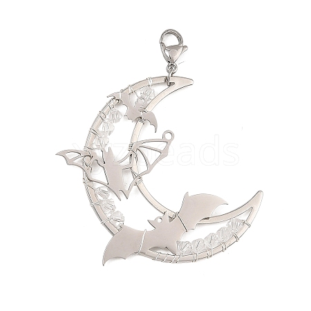 Wire Wrapped Moon & Bat Stainless Steel & Brass Pendant Decorations HJEW-TA00505-1