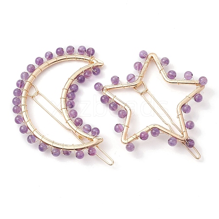 2Pcs Moon & Star Alloy with Natural Amethyst Hollow Hair Barrettes PHAR-JH00105-02-1