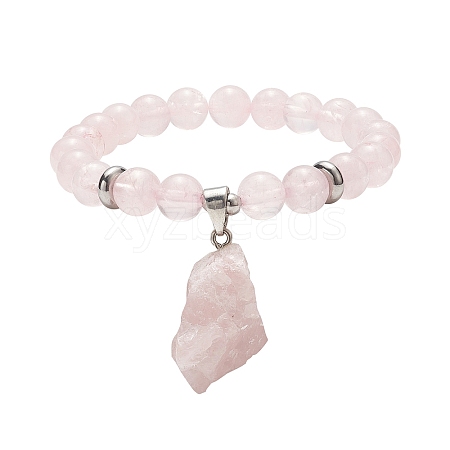 Round Natural Rose Quartz Beaded Stretch Bracelet with Nuggets Charms for Women BJEW-JB09316-02-1