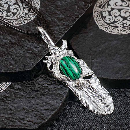 Vintage Synthetic Malachite Alloy Feather Pendant Necklace for Women Men AO2435-6-1