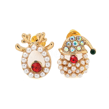 Christmas Alloy Colorful Rhinestone & Plastic Asymmetrical Stud Earrings for Women EJEW-M256-02A-G-1