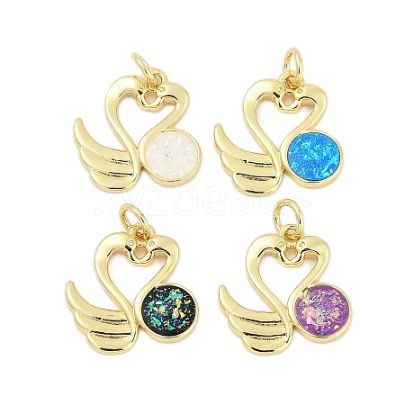 Brass Pave Synthetic Opal Swan Pendants KK-I723-07G-1