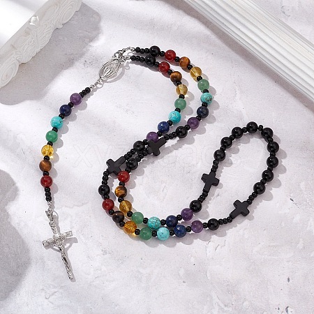 Gemstone Chakra Cross Pendant Rosary Bead Necklaces for Women NJEW-TA00176-1