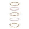 5Pcs 5 Style Natural Rose Quartz & Brass Beaded Stretch Bracelets Set BJEW-JB08870-02-4