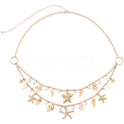 1Pc Starfish Shell Alloy & Resin & Natural Shell Double Layer Tassel Summer Beach Waist Chains for Sexy Bikini AJEW-CY0001-94-1