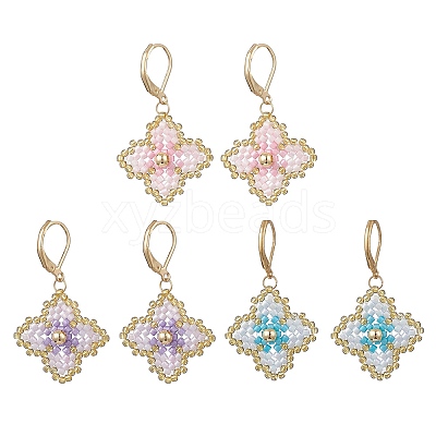 3 Pairs Handmade Glass Seed Beads Flower Leverback Earrings EJEW-MZ00578-1